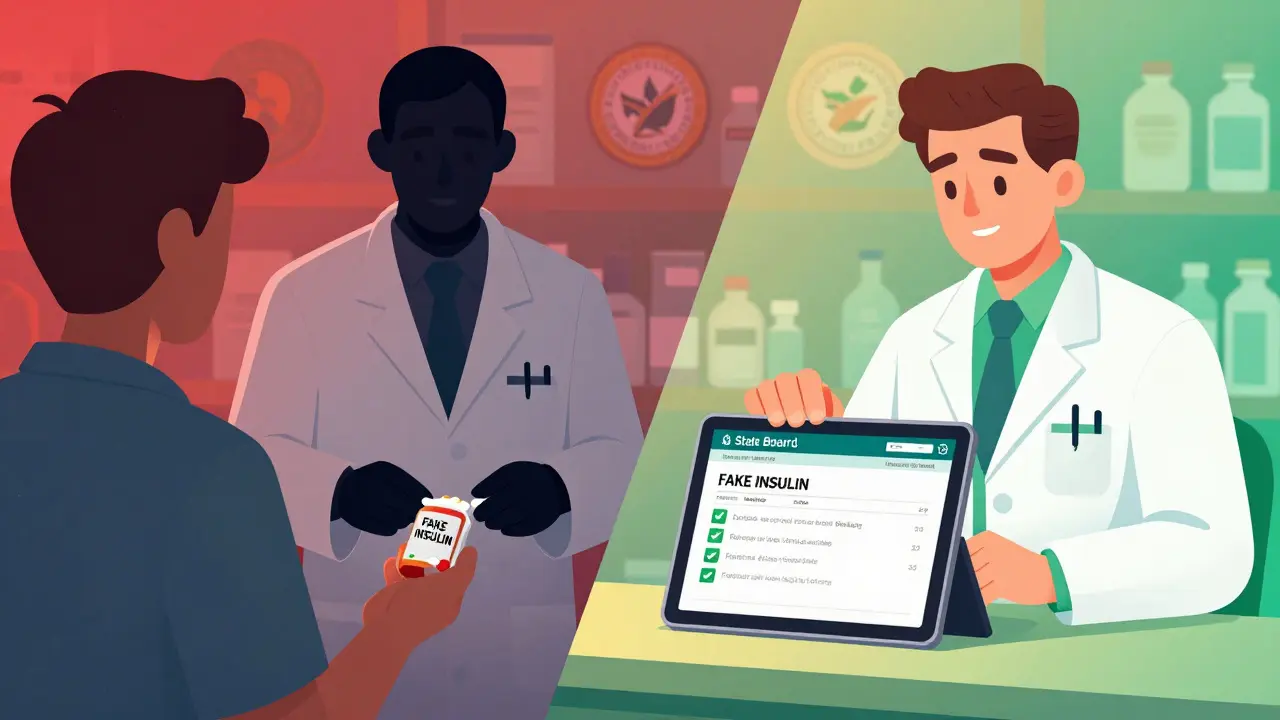 Contrasting scene of counterfeit drug handling versus licensed pharmacist verifying credentials.