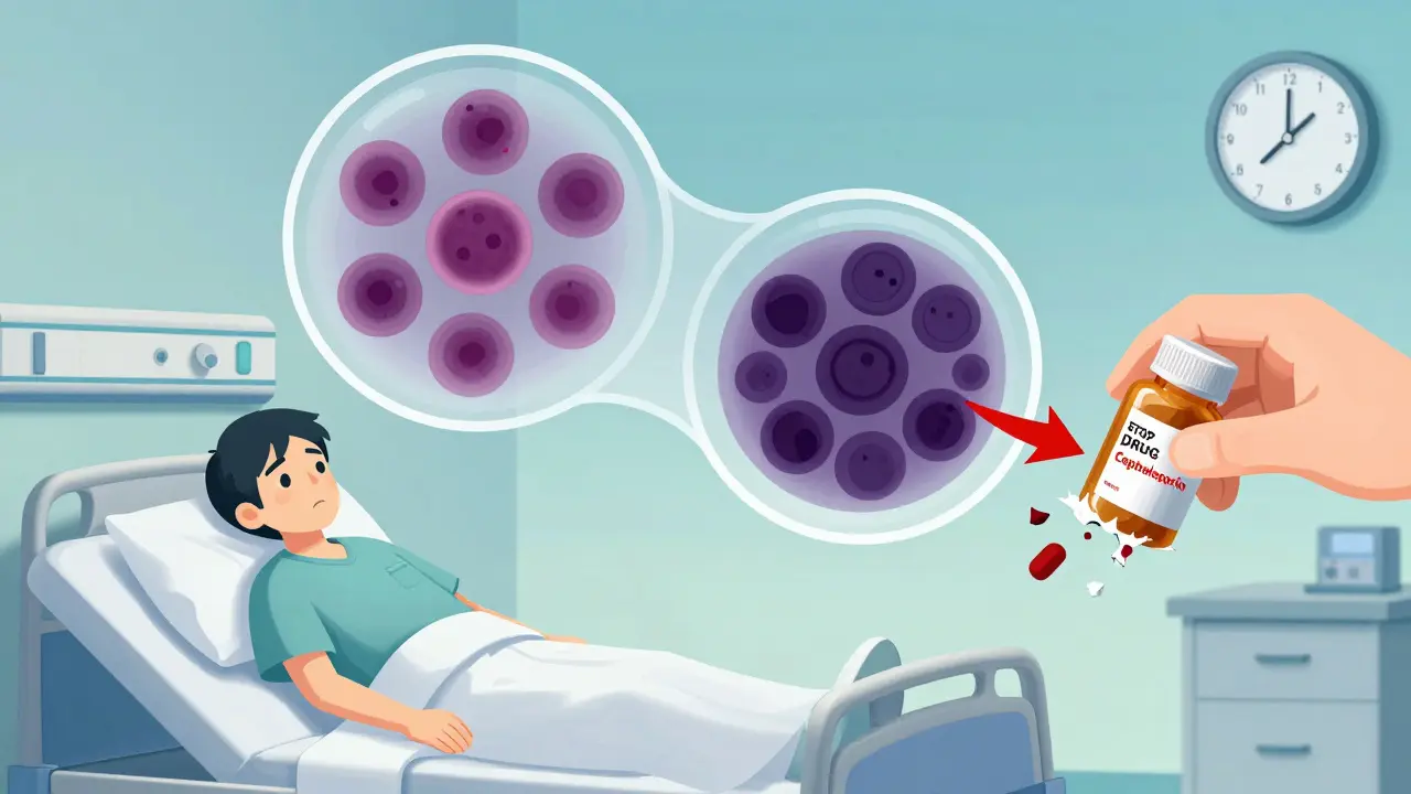 Fatigued patient with floating blood smear showing spherocytes and Heinz bodies, a pill bottle being removed as time ticks toward 72 hours.