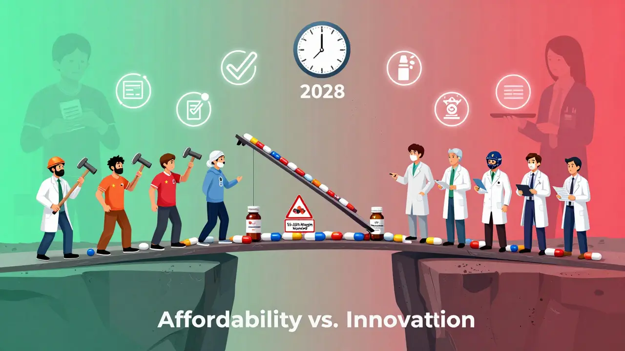 Fragile bridge of pill bottles between affordability and innovation, with warning signs and a ticking clock in gradient style.