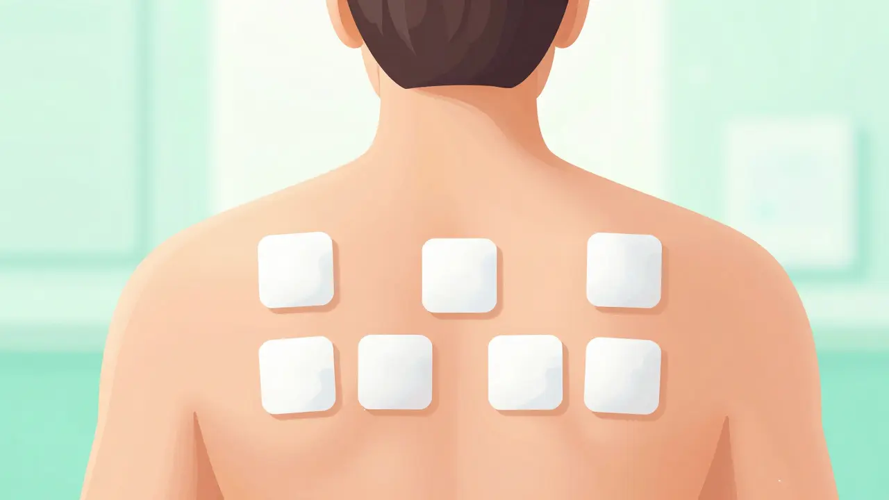 Illustration of medical patch testing on a patient's back.