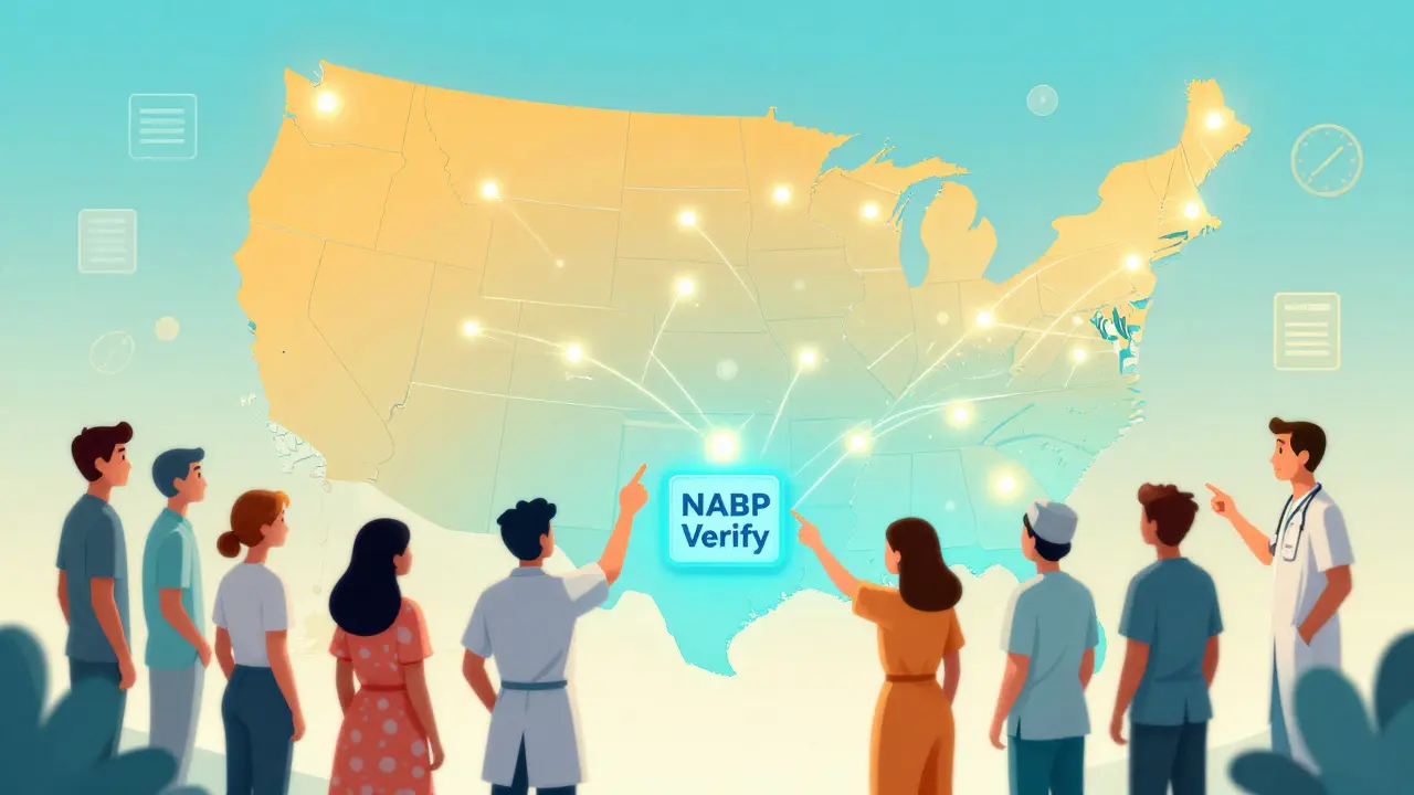 Map of U.S. with 56 state pharmacy boards connected by glowing lines and NABP Verify badge.