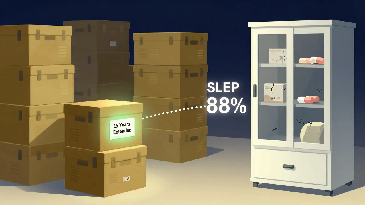 Military drug storage with extended shelf life glowing beside a faded civilian medicine cabinet.