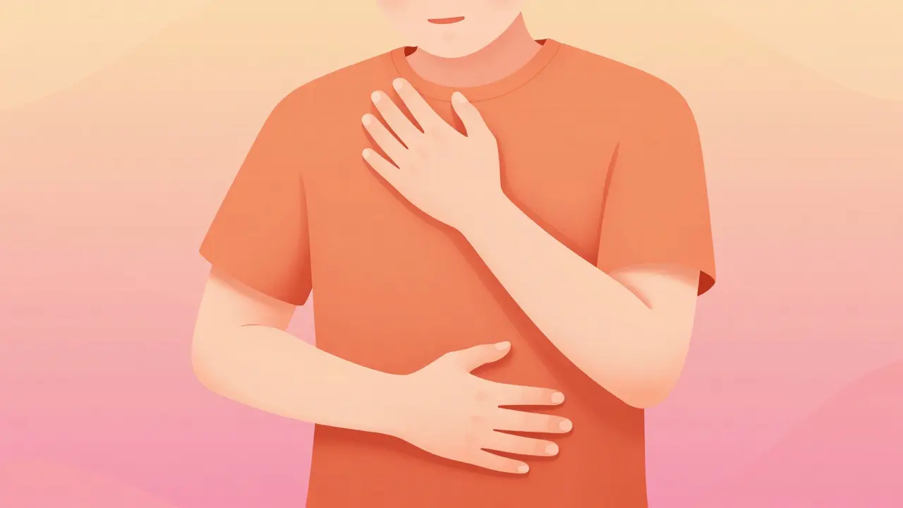 Person holding stomach and scratching arm showing discomfort.