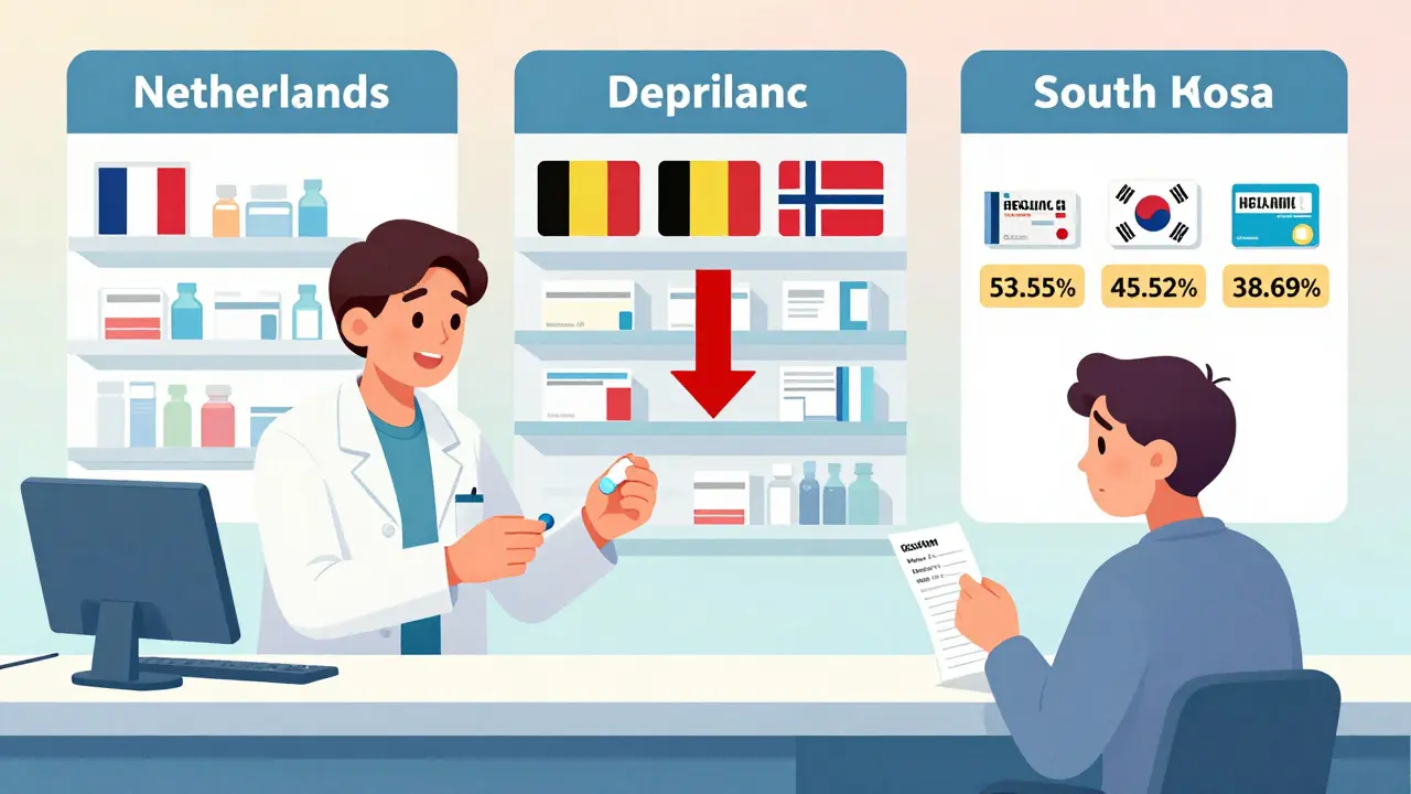 Pharmacy counter scenes in Germany, Netherlands, and South Korea showing different generic pricing and substitution policies.