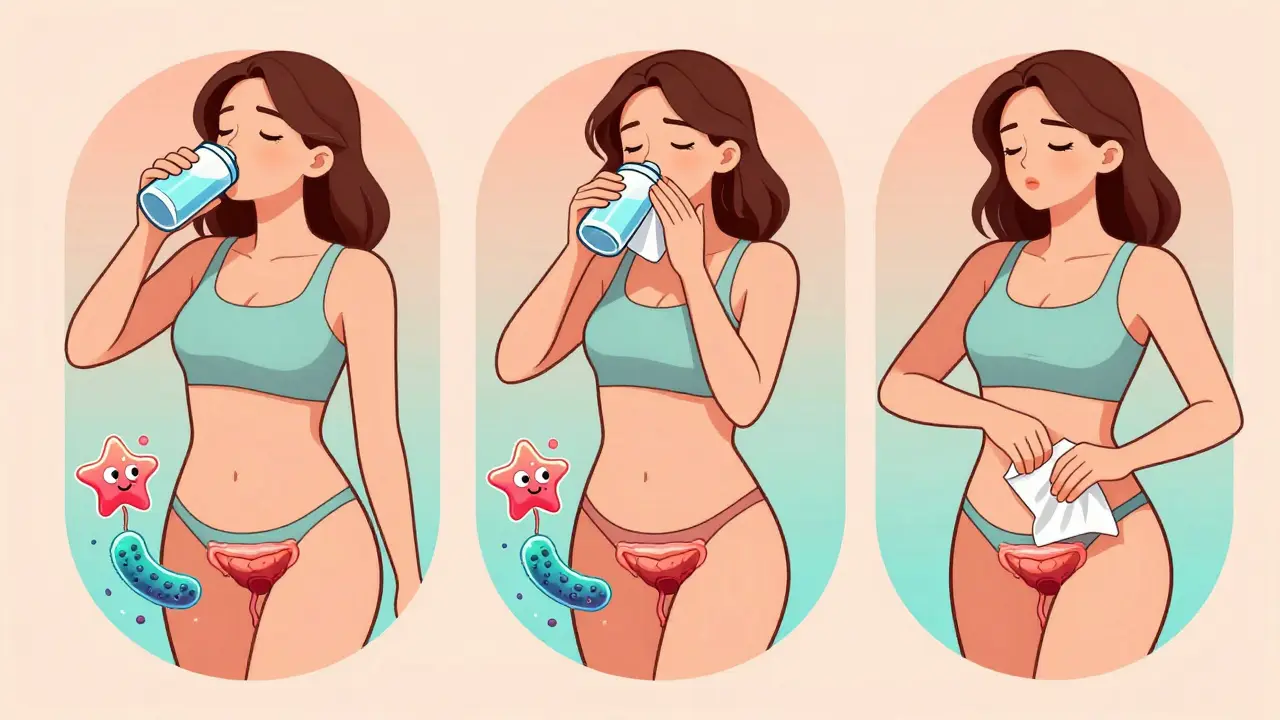 Three simple scenes: drinking water, peeing after sex, and wiping front-to-back, with D-mannose stars blocking bacteria from the bladder.