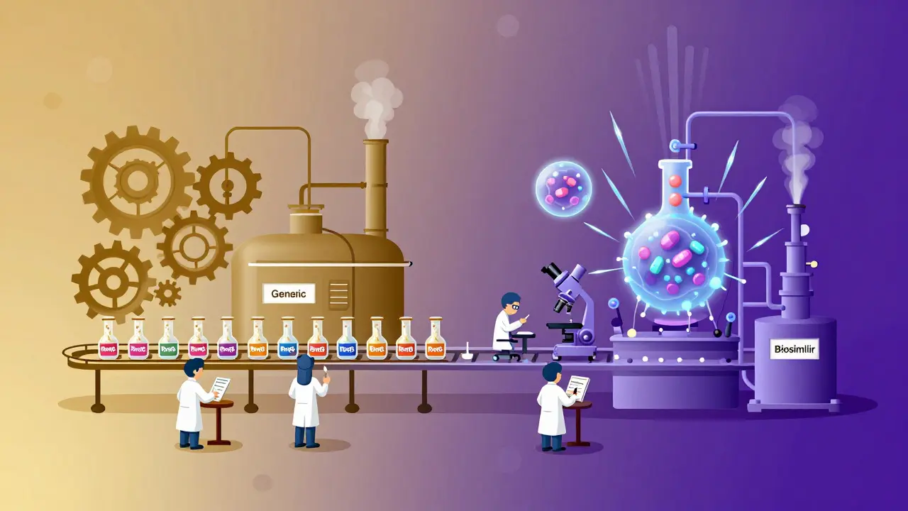 Two factory lines showing simple chemical production for generics versus complex living-cell manufacturing for biosimilars.