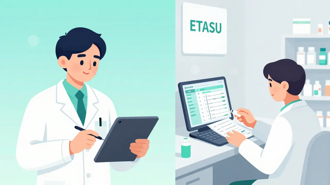 A doctor and pharmacist using digital tools to verify safety requirements for a high-risk drug.