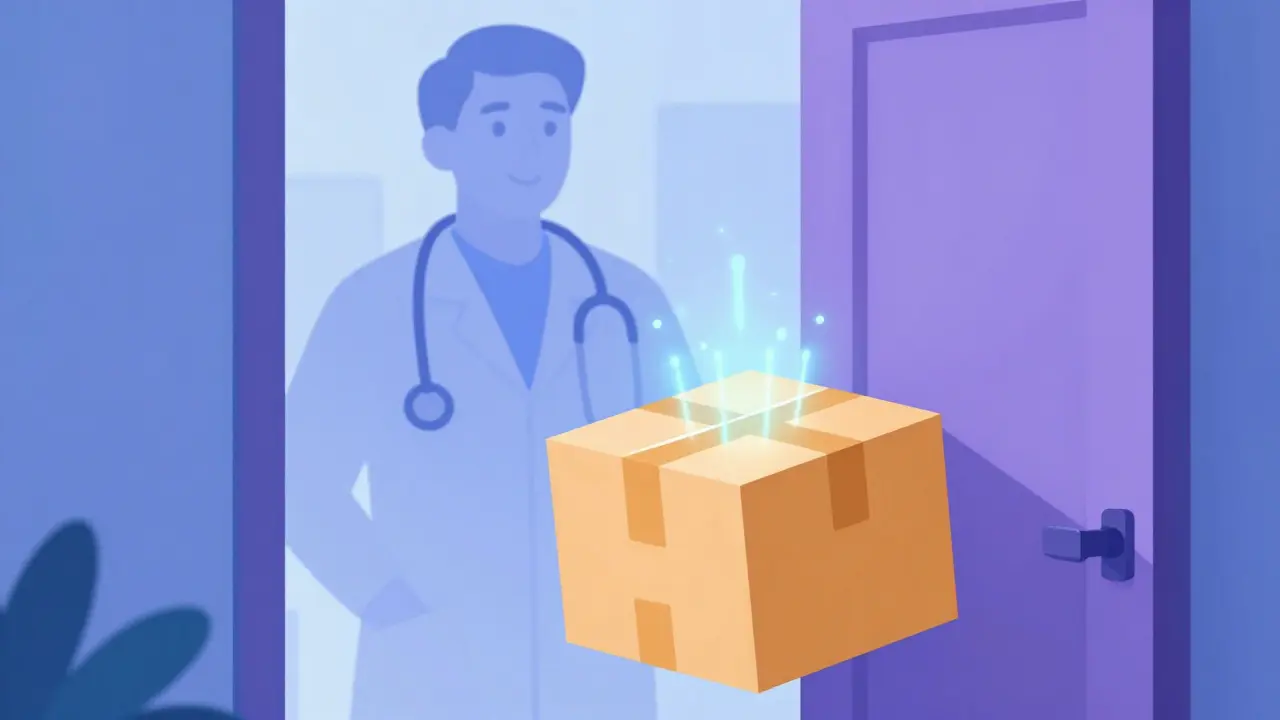 A medication delivery package at a doorstep symbolizing telehealth services