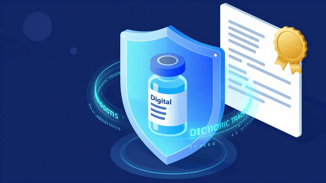 A medicine vial protected by a glowing blue digital shield and electronic tracing data.