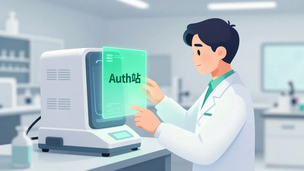 A scientist using a holographic scanner to verify the authenticity of oncology medication.