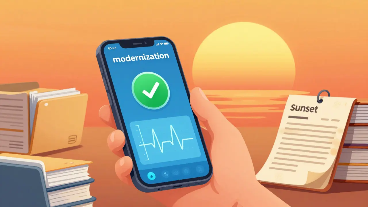 A smartphone app showing health monitoring data against a bright, optimistic gradient sunrise.