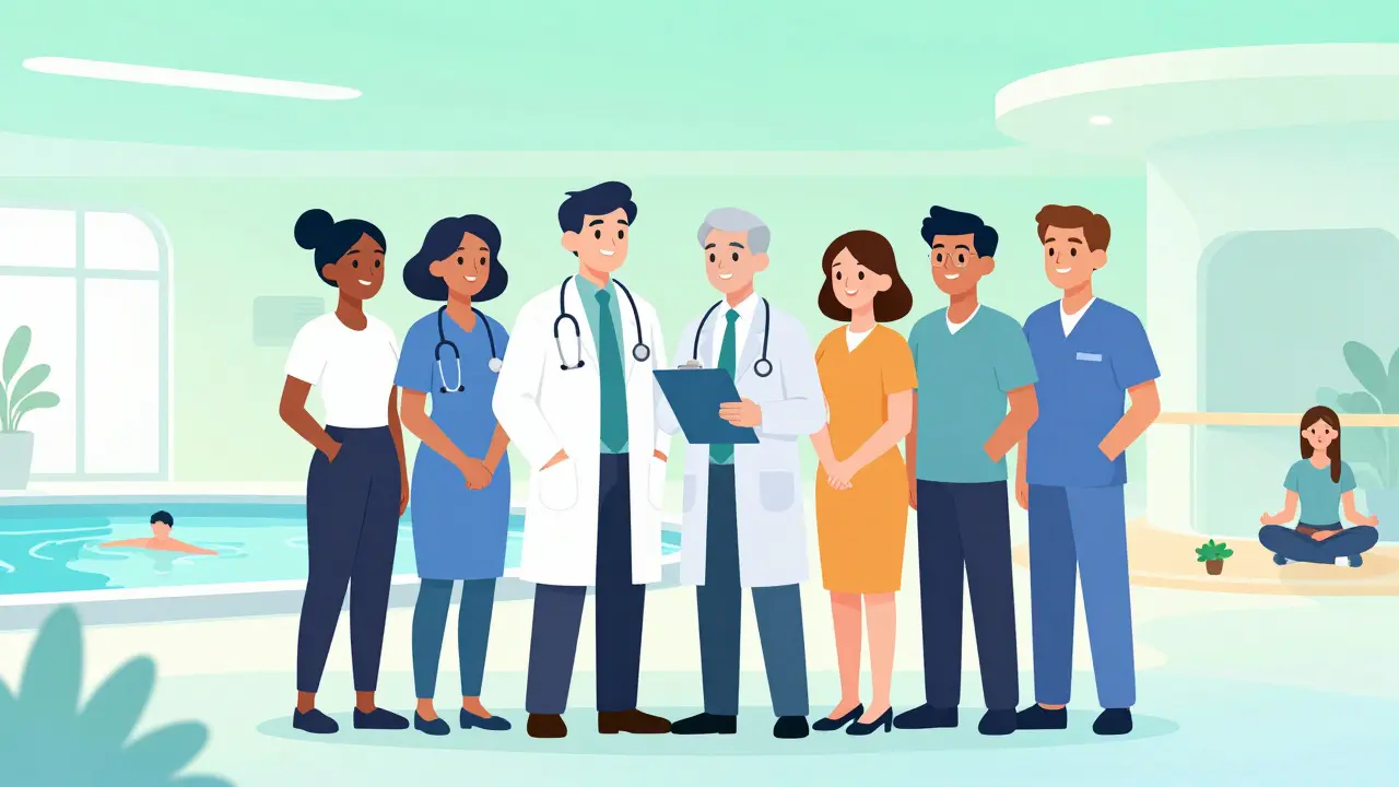 A supportive team of healthcare professionals in a modern, integrated pain rehabilitation center.