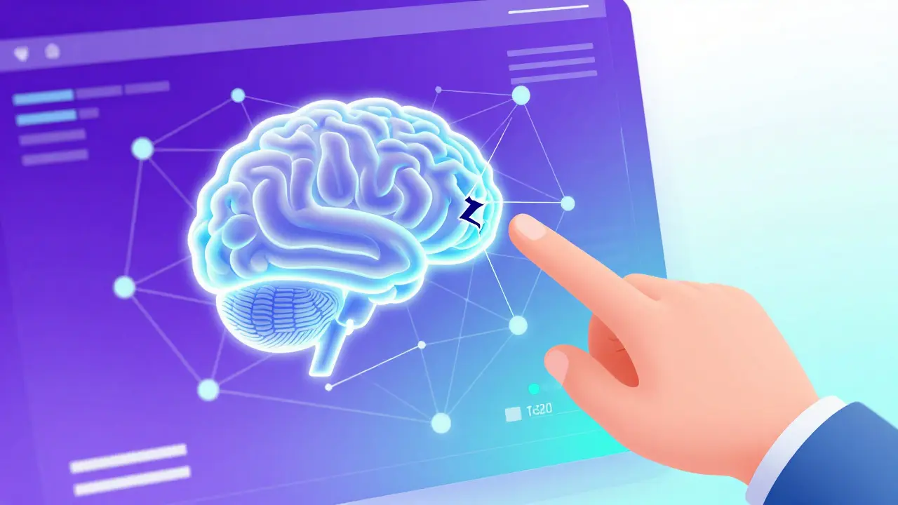 AI brain analyzing a digital patent network with a human hand highlighting a detail.