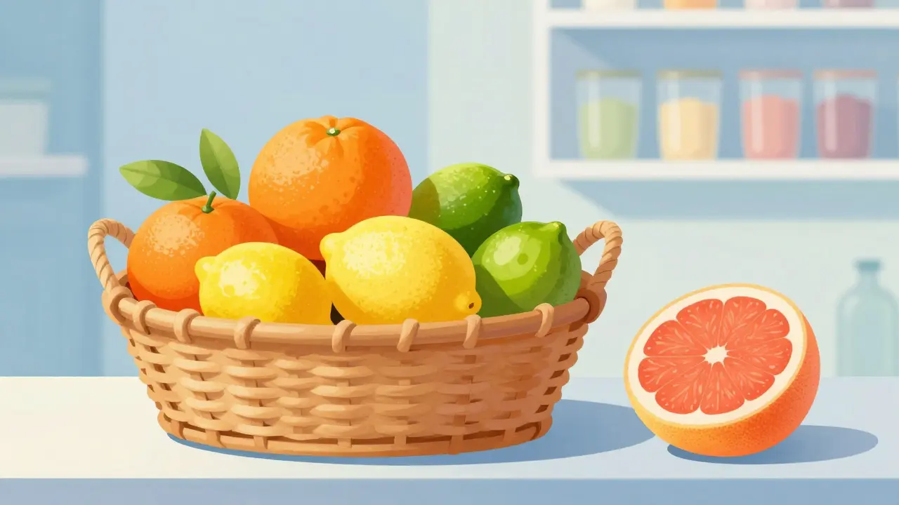 Basket of safe oranges and lemons beside a single grapefruit.