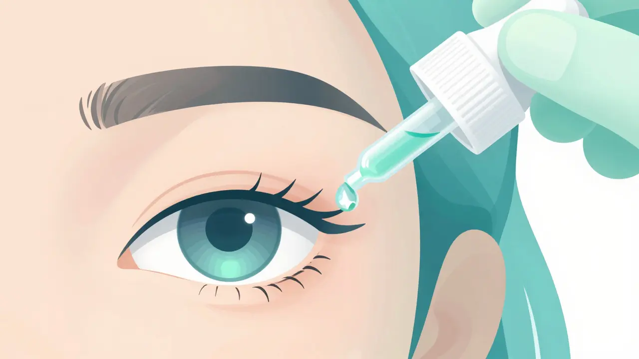 Close-up illustration of a sterile eye drop being applied to the lower eyelid
