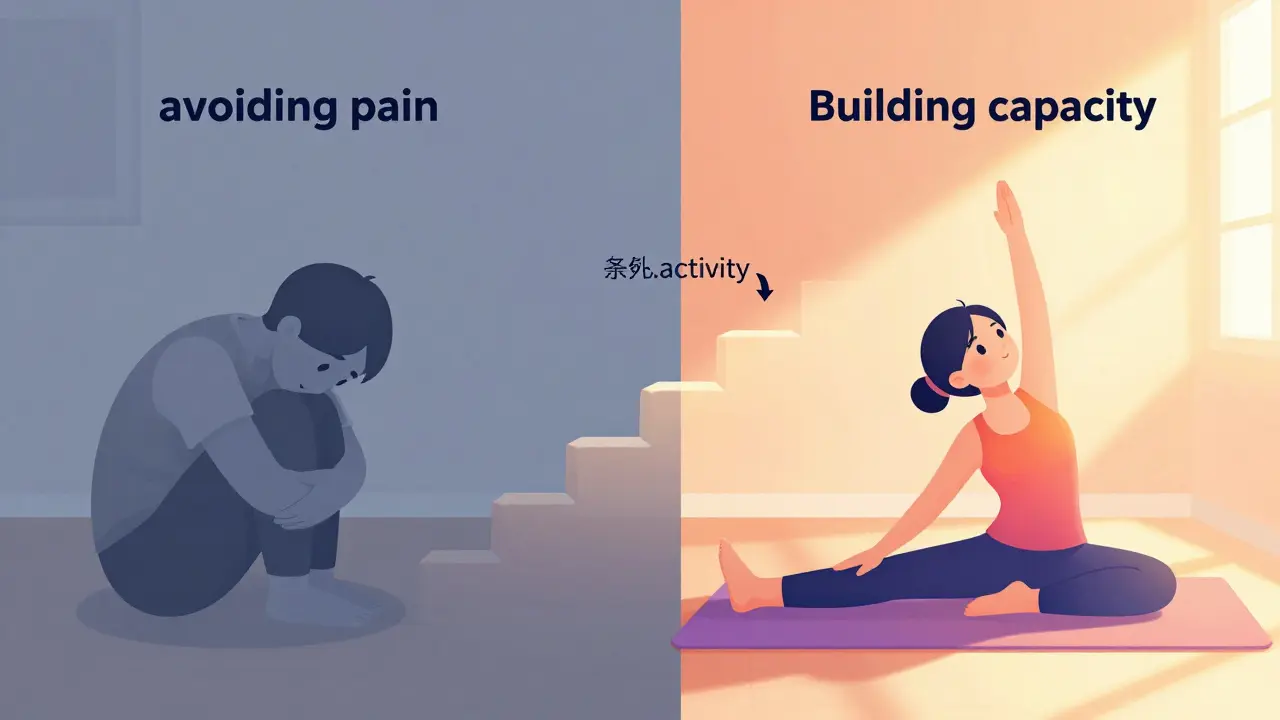 Comparison of a person moving from pain-avoidance to active recovery through gradual exercise steps.
