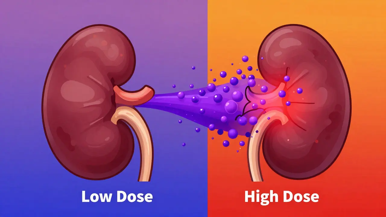 Comparison of low-dose versus high-dose methotrexate flow and toxicity risk in the kidneys.