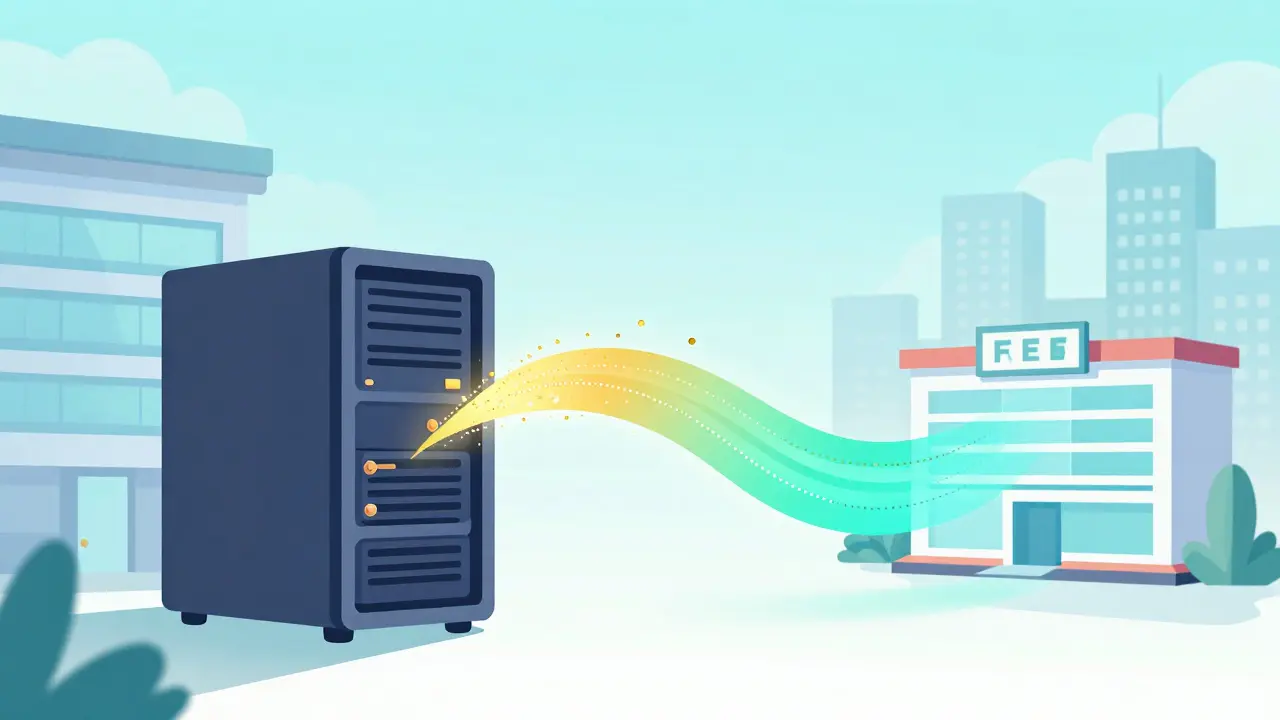 Conceptual illustration of an electronic prescription transfer between two pharmacies