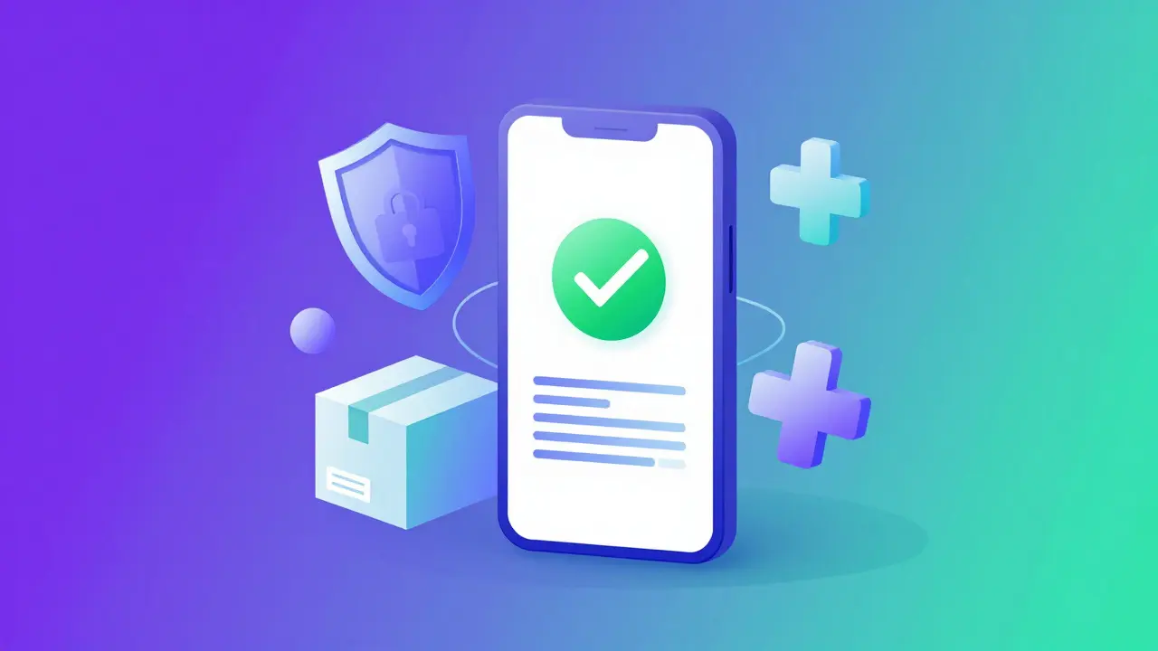 Digital representation of a secure online pharmacy process with a smartphone and prescription