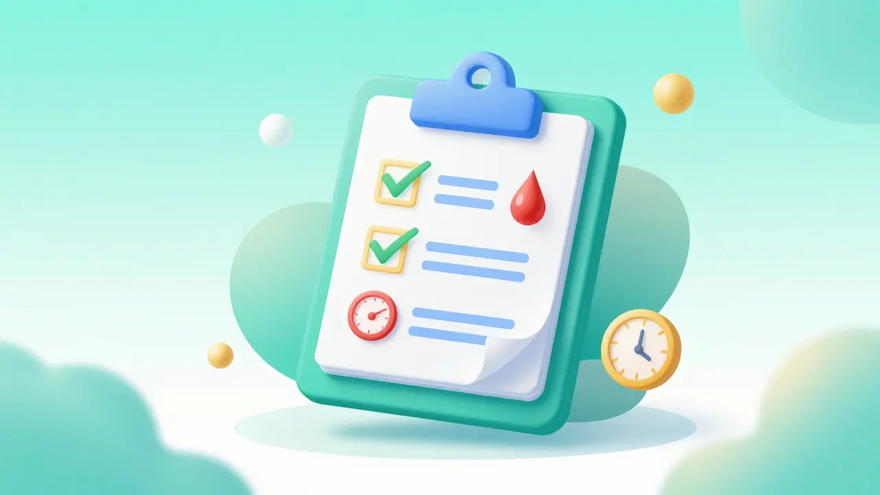 Medical checklist showing blood monitoring and dose timing for safe medication management.