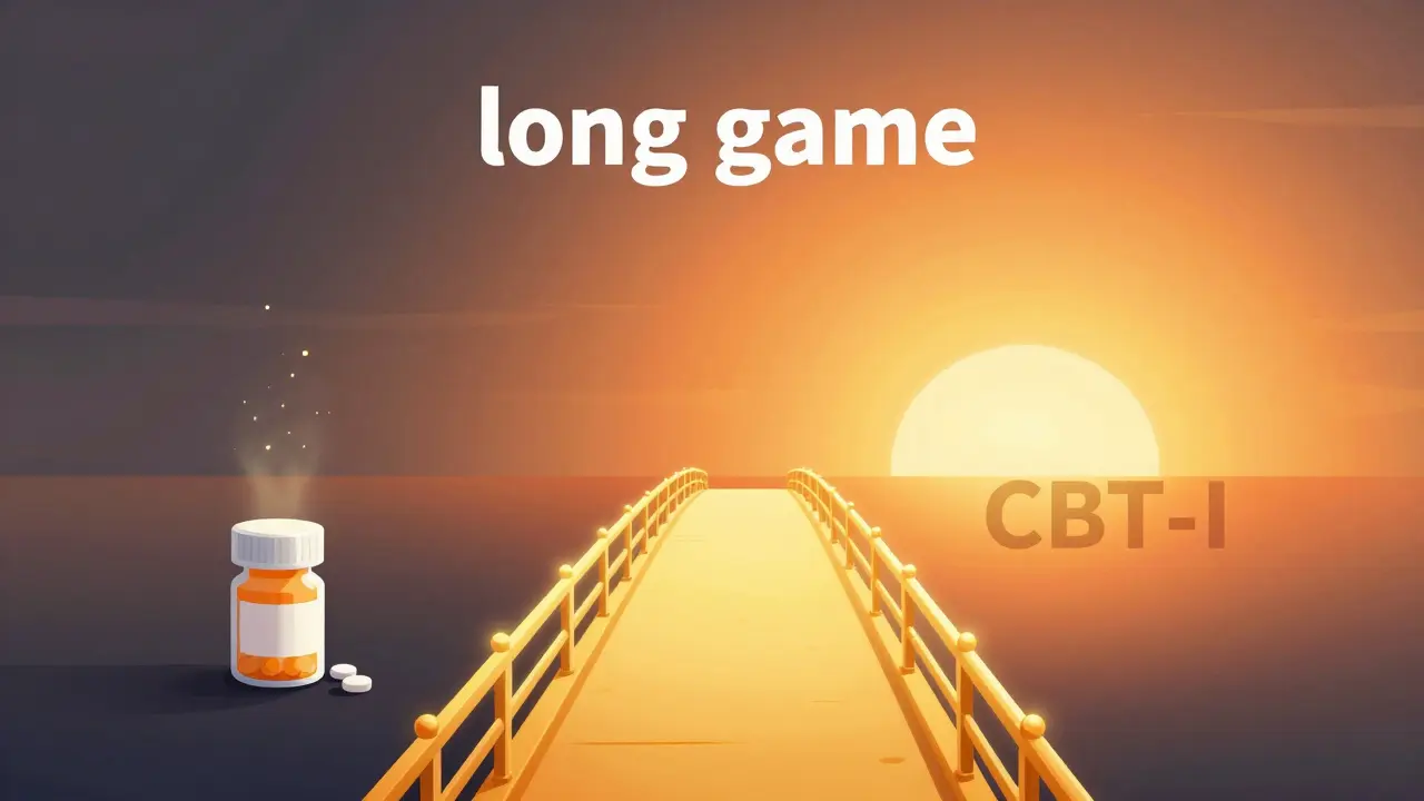 Metaphorical comparison between a pill bottle and a glowing bridge toward a sunrise.