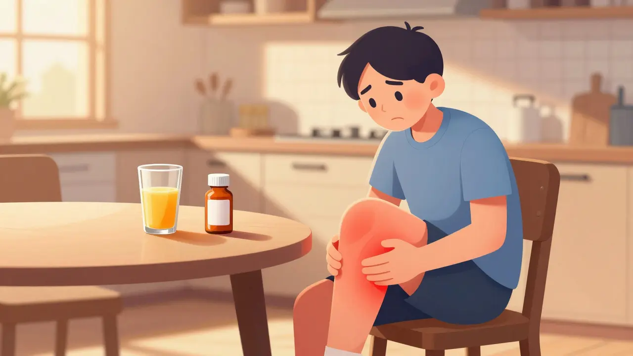 Person holding painful leg near breakfast juice and medicine bottle.