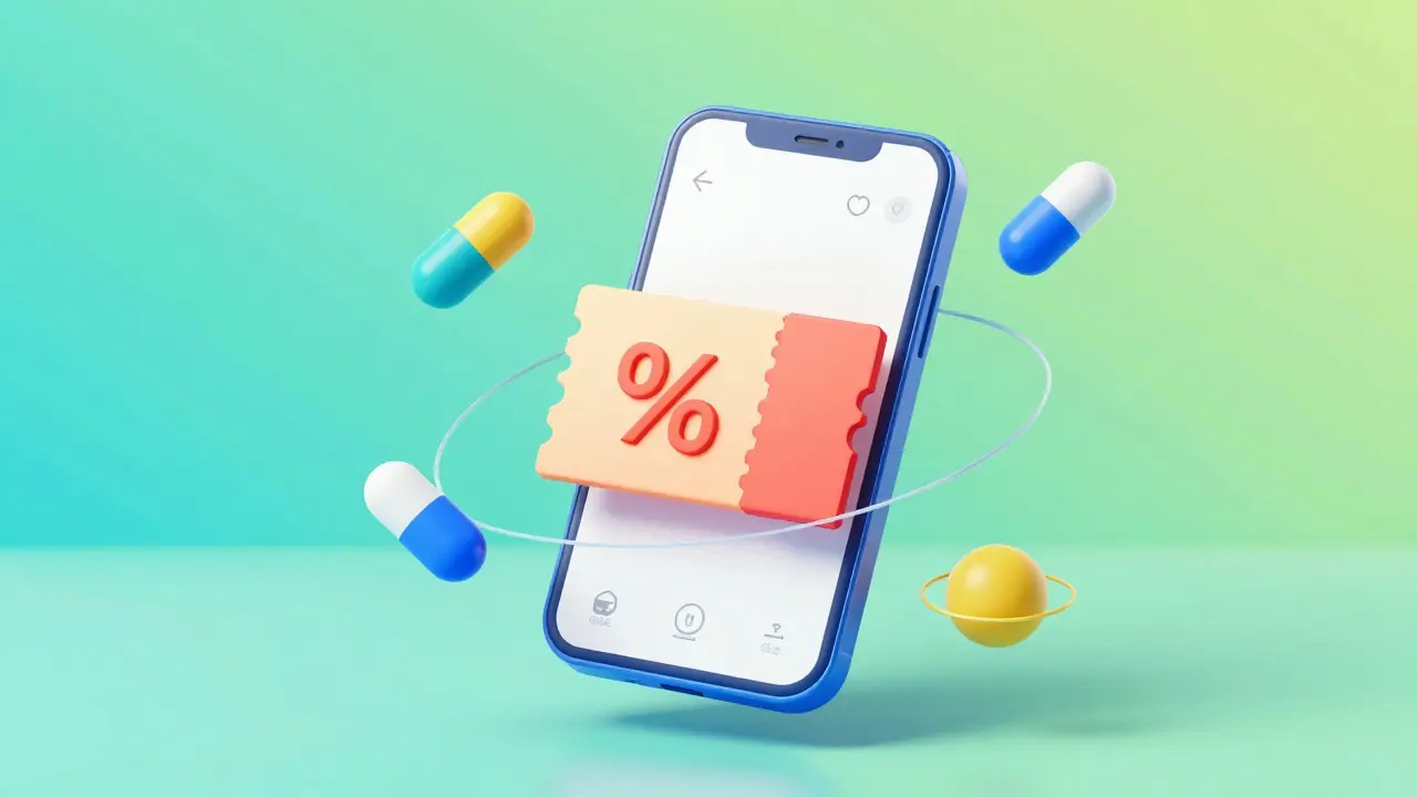 Smartphone displaying a medical discount coupon surrounded by generic capsules