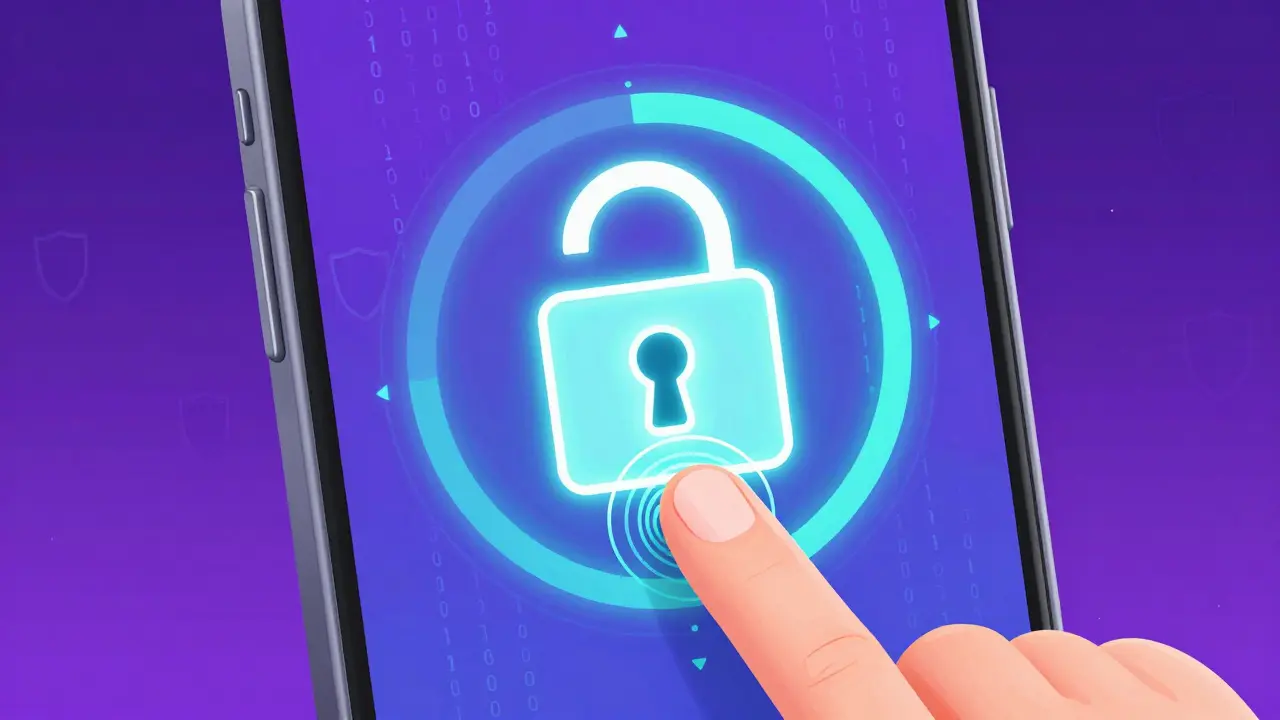 Smartphone screen showing a secure encrypted digital vault with a biometric lock
