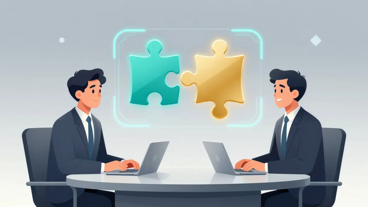 Two business people negotiating with a holographic puzzle icon symbolizing cross-licensing.